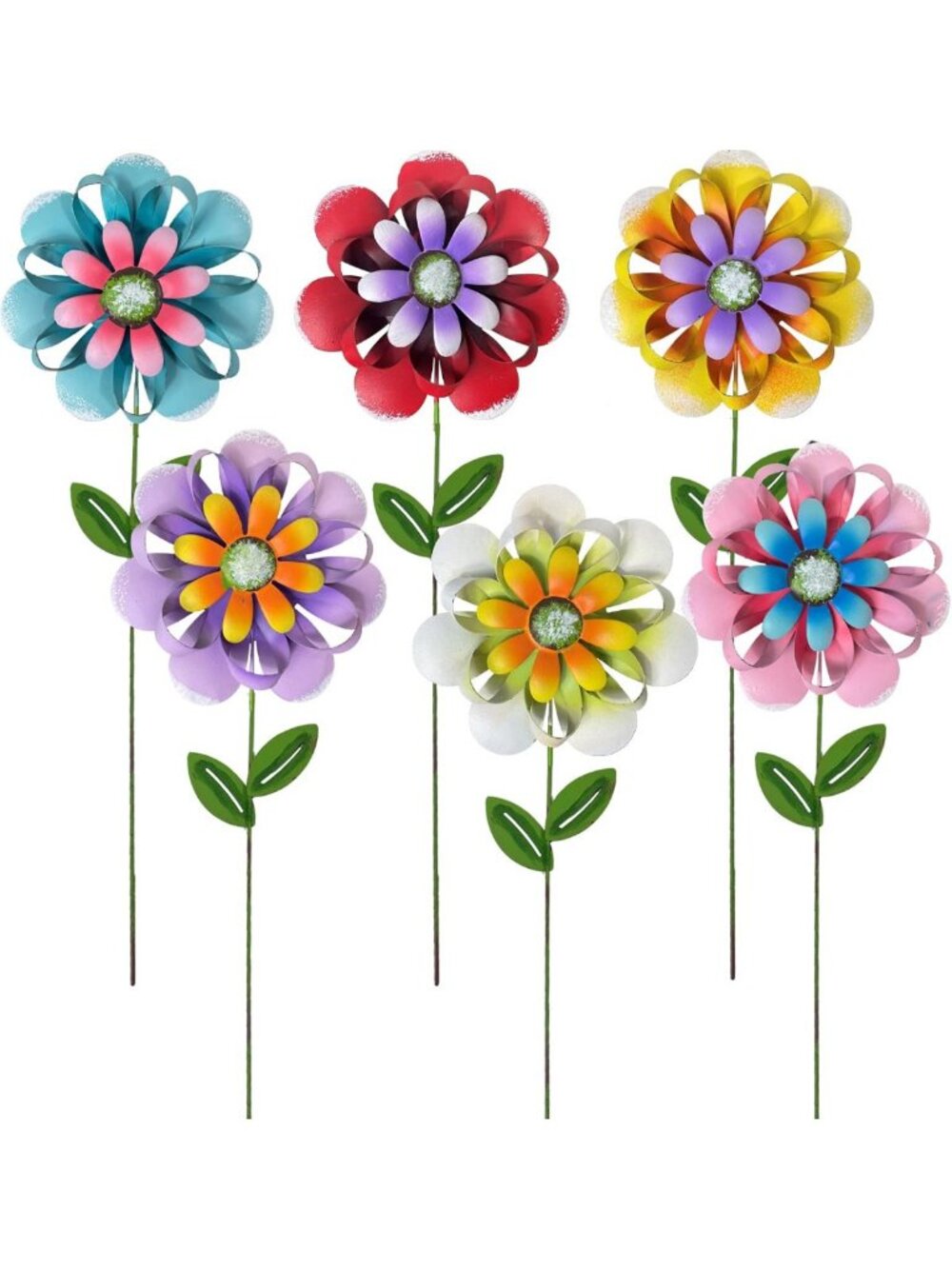 Colorful Metal Flower Garden Stakes Set of 6 - Large Decorative Outdoor Decor